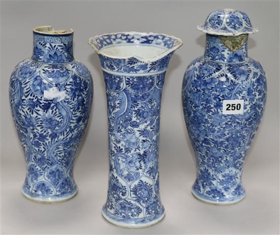 A 19th century Chinese garniture of three vases largest 30cm (a.f.)